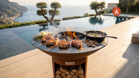 Juicy Pork Chops with Garlic Mushroom Sauce cooking on an Arteflame grill