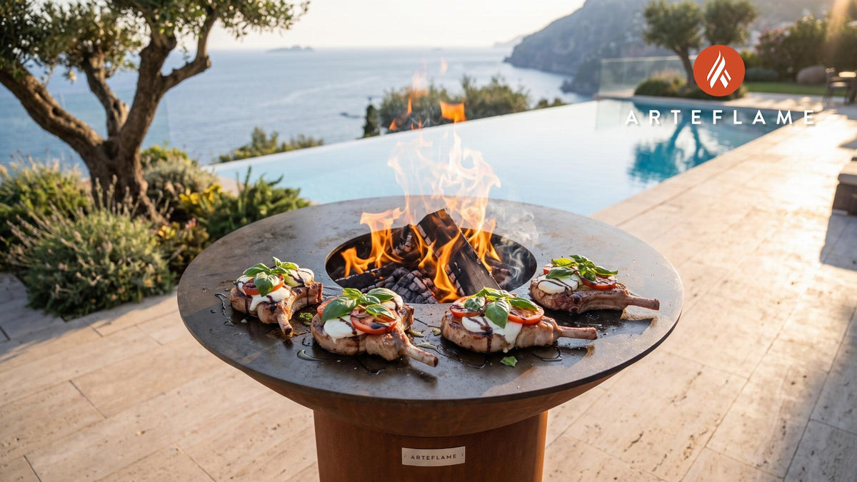 Grilled Pork Chop Caprese (Juicy Wood-Fired) cooking on an Arteflame grill