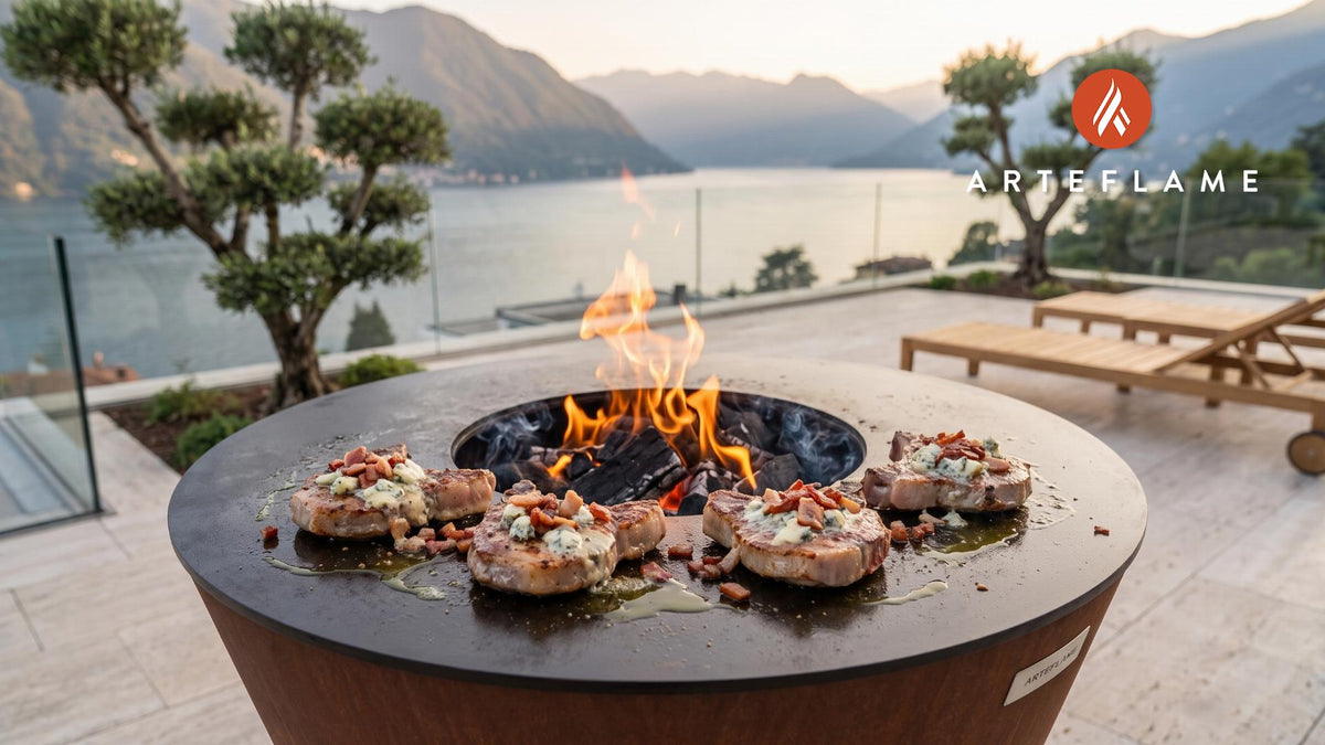 Juicy Grilled Pork Chops with Bacon & Blue Cheese cooking on an Arteflame grill