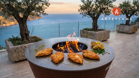 Chicken Milanese cooking on an Arteflame grill