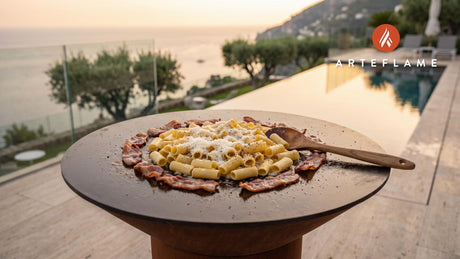 Pasta alla Gricia cooking on an Arteflame grill