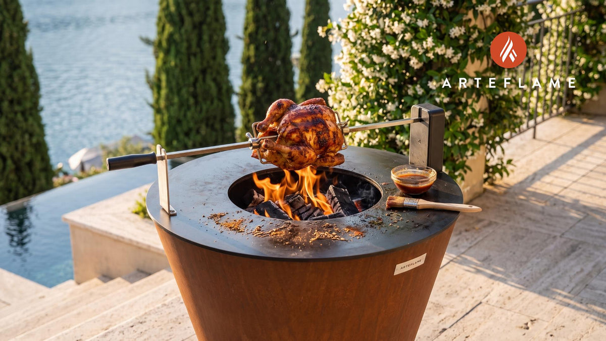 Rotisserie BBQ Chicken cooking on an Arteflame grill