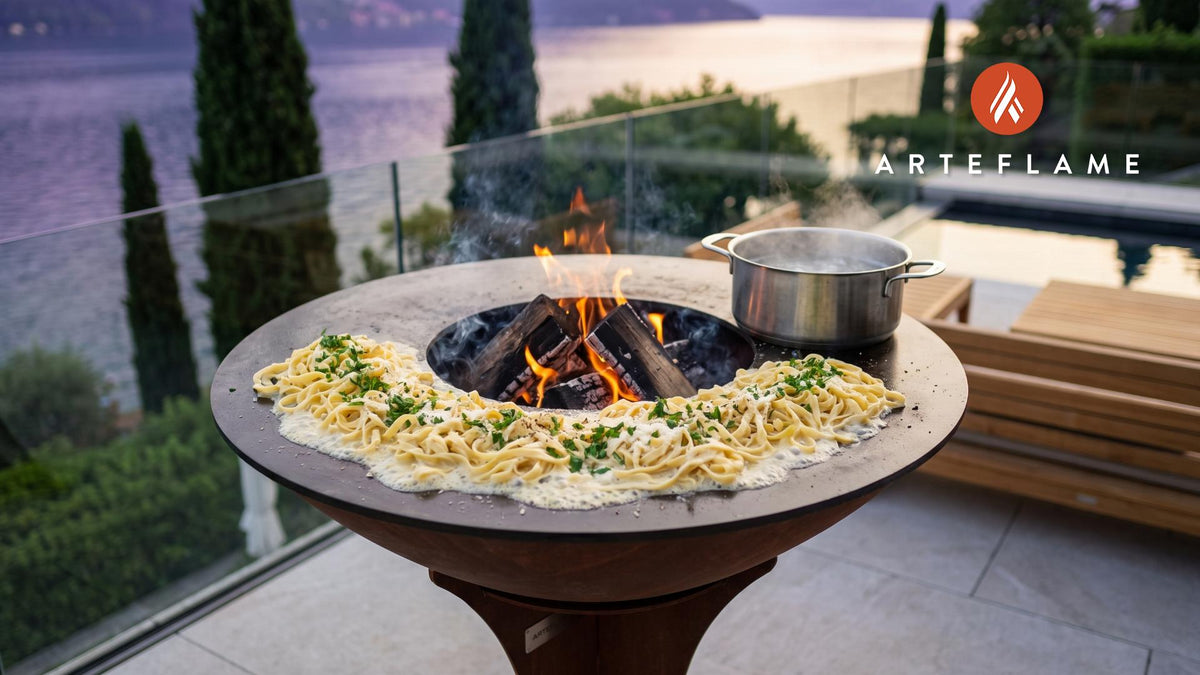 Grilled Fettuccine Alfredo cooking on an Arteflame grill