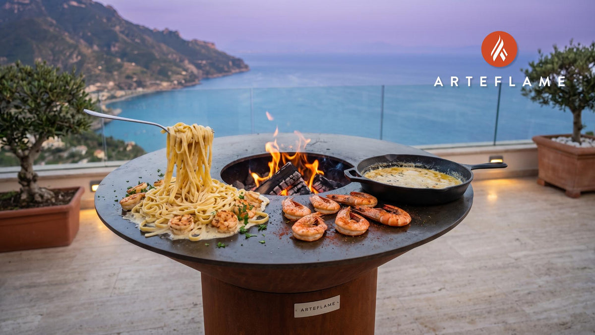 Grilled Shrimp Alfredo cooking on an Arteflame grill