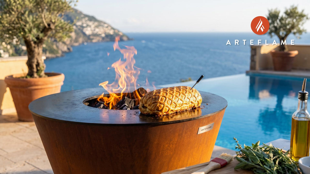 Beef Wellington cooking on an Arteflame grill