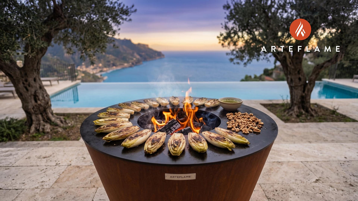 Grilled Endives with Walnut Dressing (French Style) cooking on an Arteflame grill