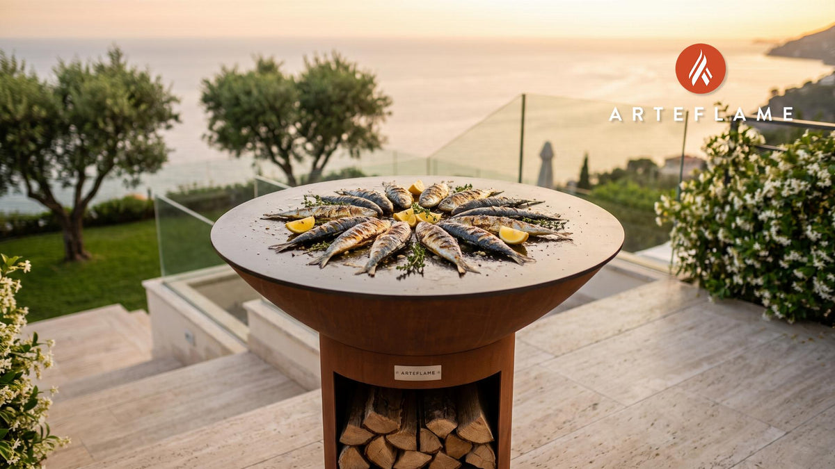 Grilled Sardines with Lemon & Thyme (French Style) cooking on an Arteflame grill