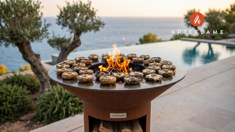 Charred Stuffed Mushrooms with French Roquefort cooking on an Arteflame grill