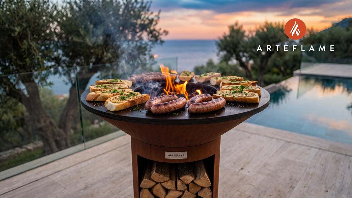 Grilled Toulouse Sausage & Mustard Bread (French Style) cooking on an Arteflame grill