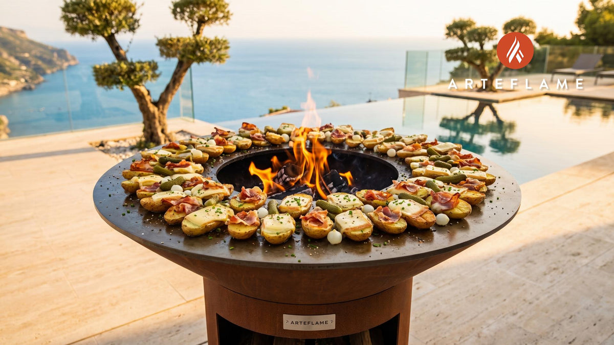 Crispy Grilled Raclette Potatoes (French Style) cooking on an Arteflame grill