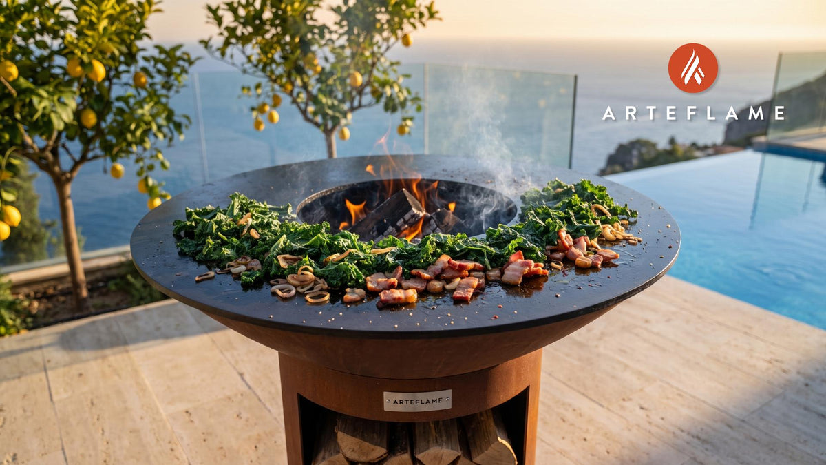 Grilled Kale with Bacon (French Style) cooking on an Arteflame grill