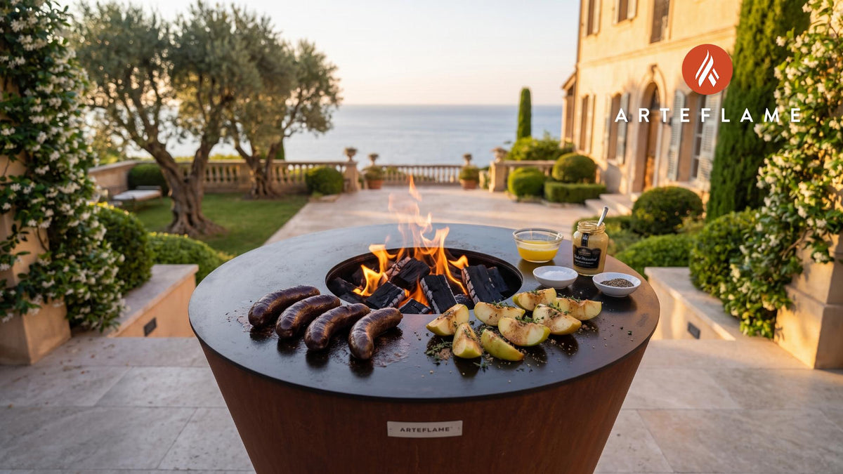 Grilled Boudin Noir & Apples (French Style) cooking on an Arteflame grill