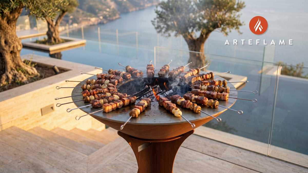 Grilled Beef Skewers (French Burgundy Style) cooking on an Arteflame grill