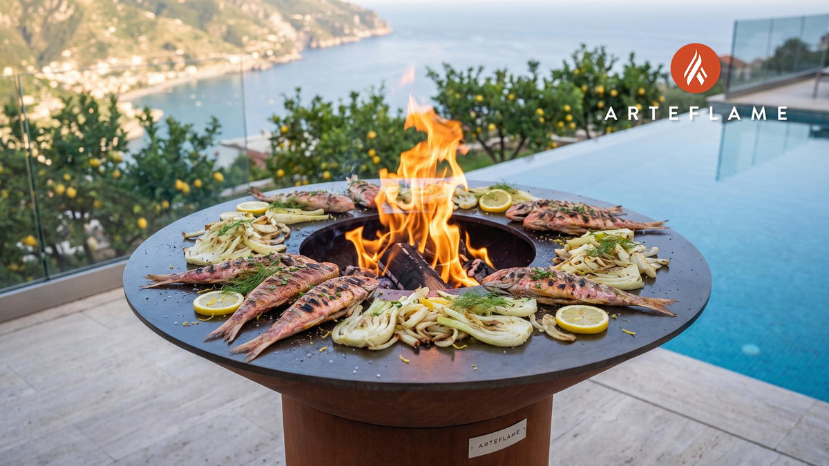 Grilled Red Mullet with Fennel (French Style) cooking on an Arteflame grill