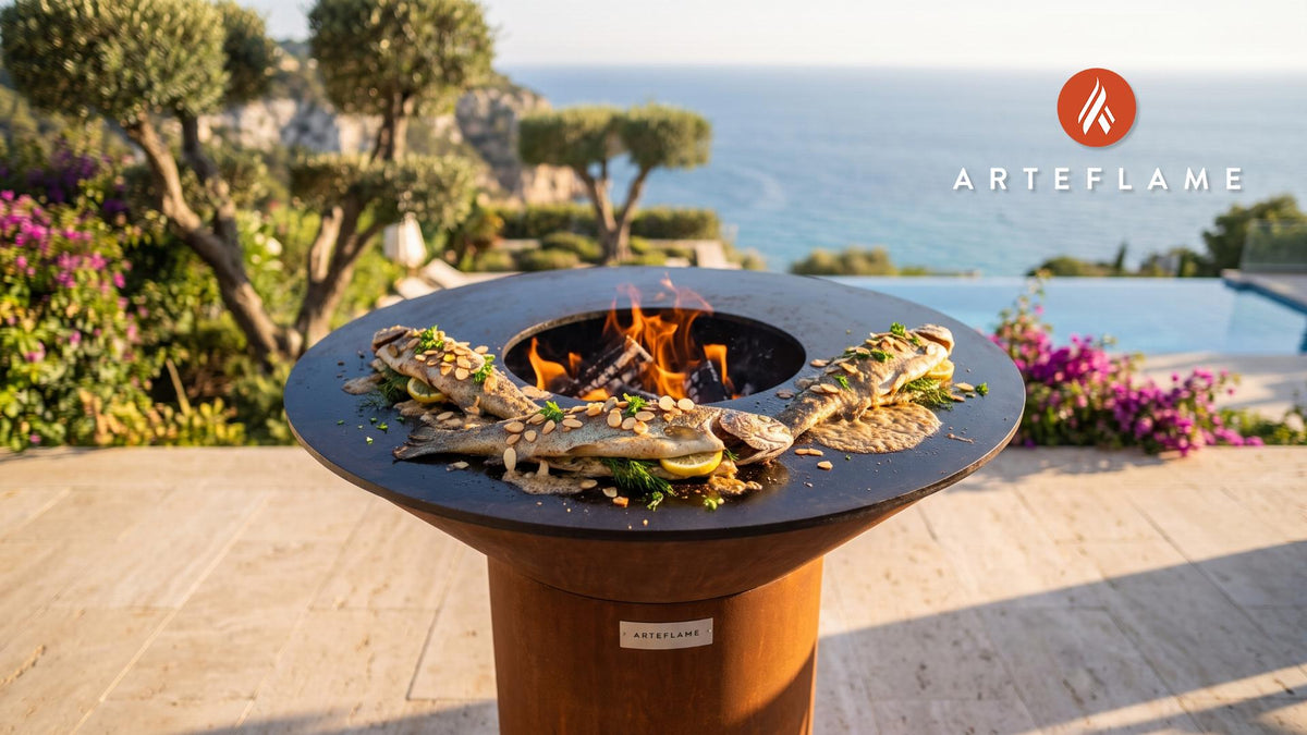 Grilled Whole Trout with Almond Butter (French Style) cooking on an Arteflame grill