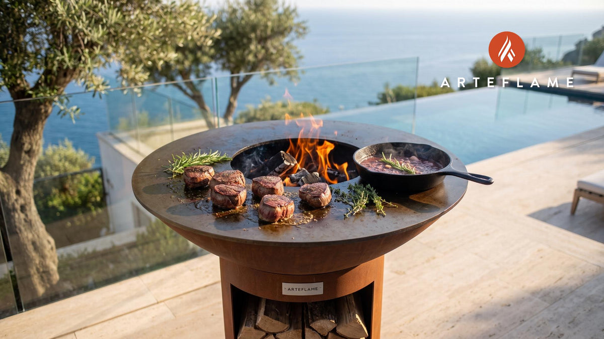 Seared Venison Medallions with Red Wine Reduction (French Style) cooking on an Arteflame grill