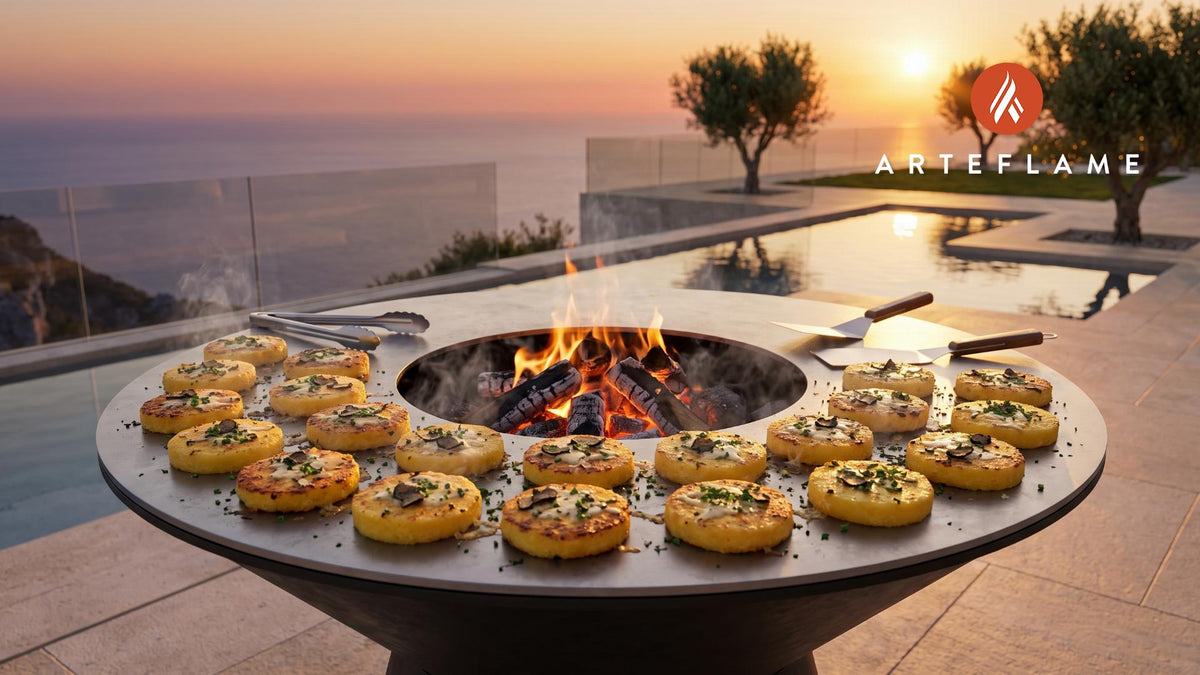 Crispy Polenta Cakes with Black Truffle (French Style) cooking on an Arteflame grill