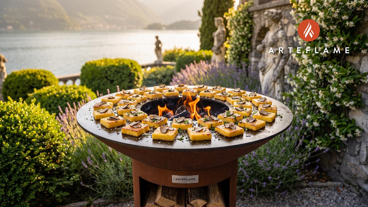 Crispy Polenta Cakes with Black Truffle (French Style) cooking on an Arteflame grill