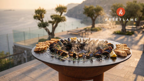 Grilled Mussels in White Wine (French Style) cooking on an Arteflame grill