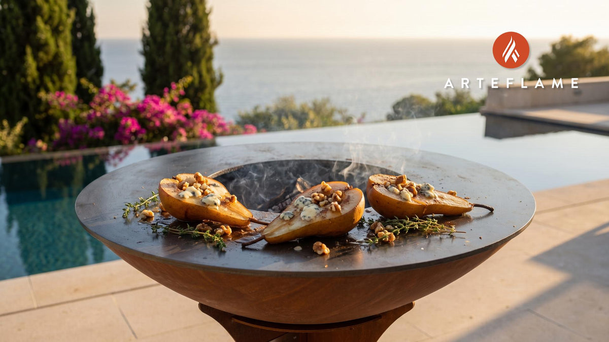 Grilled Pears with Blue Cheese (French Style) cooking on an Arteflame grill