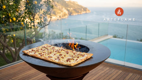 Grilled Tarte Flambée cooking on an Arteflame grill