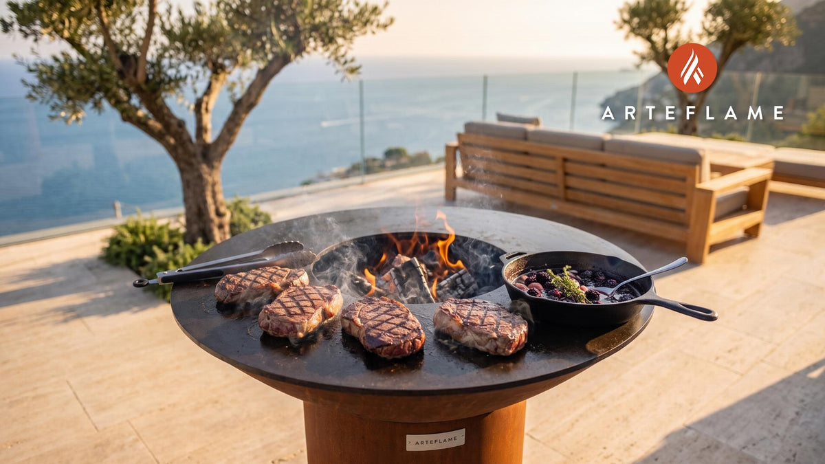 Seared Venison Steaks with Blackberry Sauce (British Style) cooking on an Arteflame grill