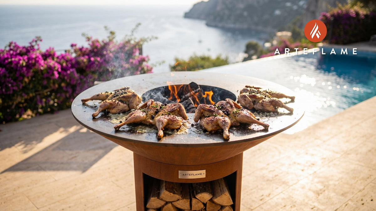 Grilled Game Birds with Juniper & Thyme (British Style) cooking on an Arteflame grill