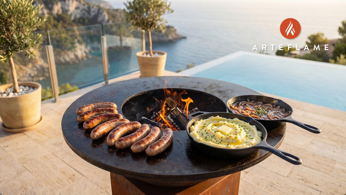 British Bangers & Mash cooking on an Arteflame grill
