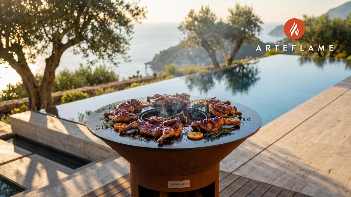 Grilled Pheasant with Cranberry Glaze (British Style) cooking on an Arteflame grill