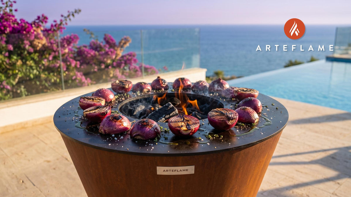 Charred Red Onions with Balsamic Reduction (British Style) cooking on an Arteflame grill