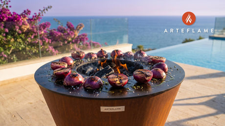 Charred Red Onions with Balsamic Reduction (British Style) cooking on an Arteflame grill