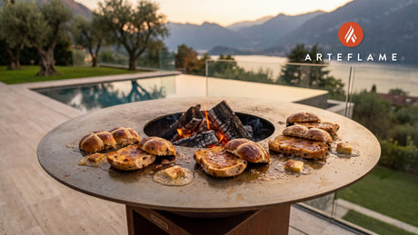 Sizzling Hot Cross Buns with Spiced Butter cooking on an Arteflame grill