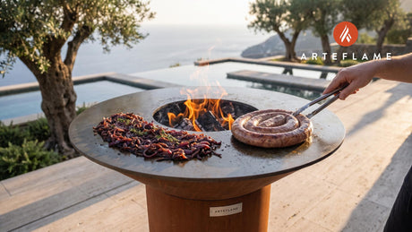 Grilled Cumberland Sausages & Red Onion Relish cooking on an Arteflame grill