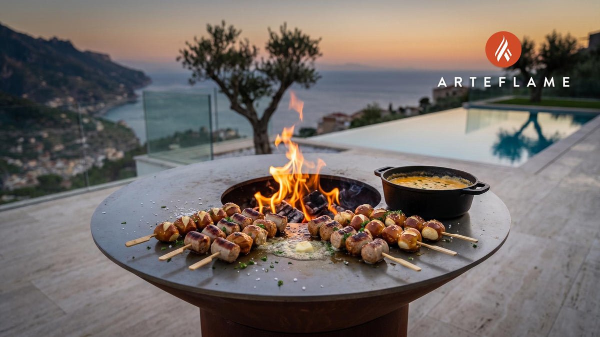 Grilled Weisswurst & Pretzel Bites (German Style) cooking on an Arteflame grill