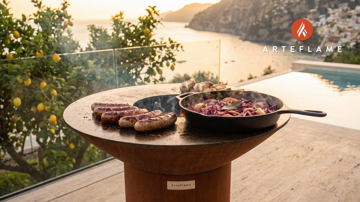 Smoked Sausages & Red Cabbage (German Style) cooking on an Arteflame grill