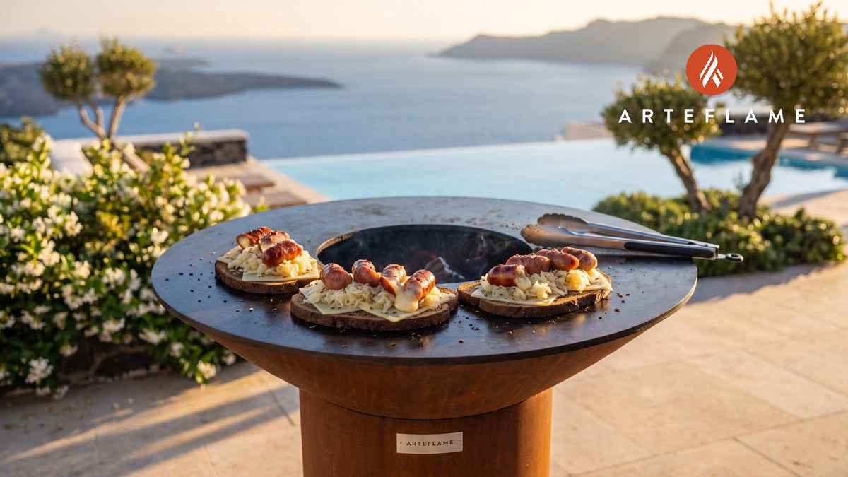 Grilled Kaesekrainer & Pumpernickel (German Style) cooking on an Arteflame grill