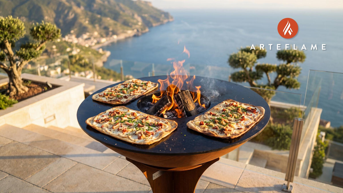 Authentic German Flammkuchen cooking on an Arteflame grill