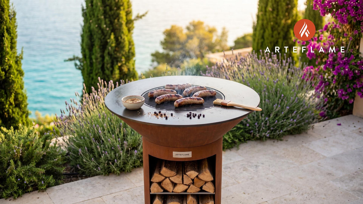 Grilled Venison Sausages & Juniper Mustard (German Style) cooking on an Arteflame grill