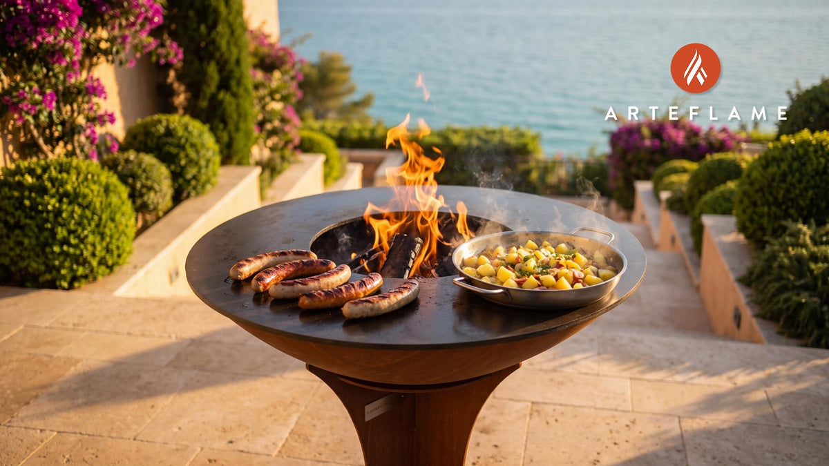 Grilled Bockwurst & Potato Salad (German Style) cooking on an Arteflame grill