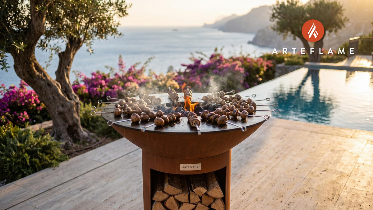 Grilled Mushroom Skewers (German Style) cooking on an Arteflame grill