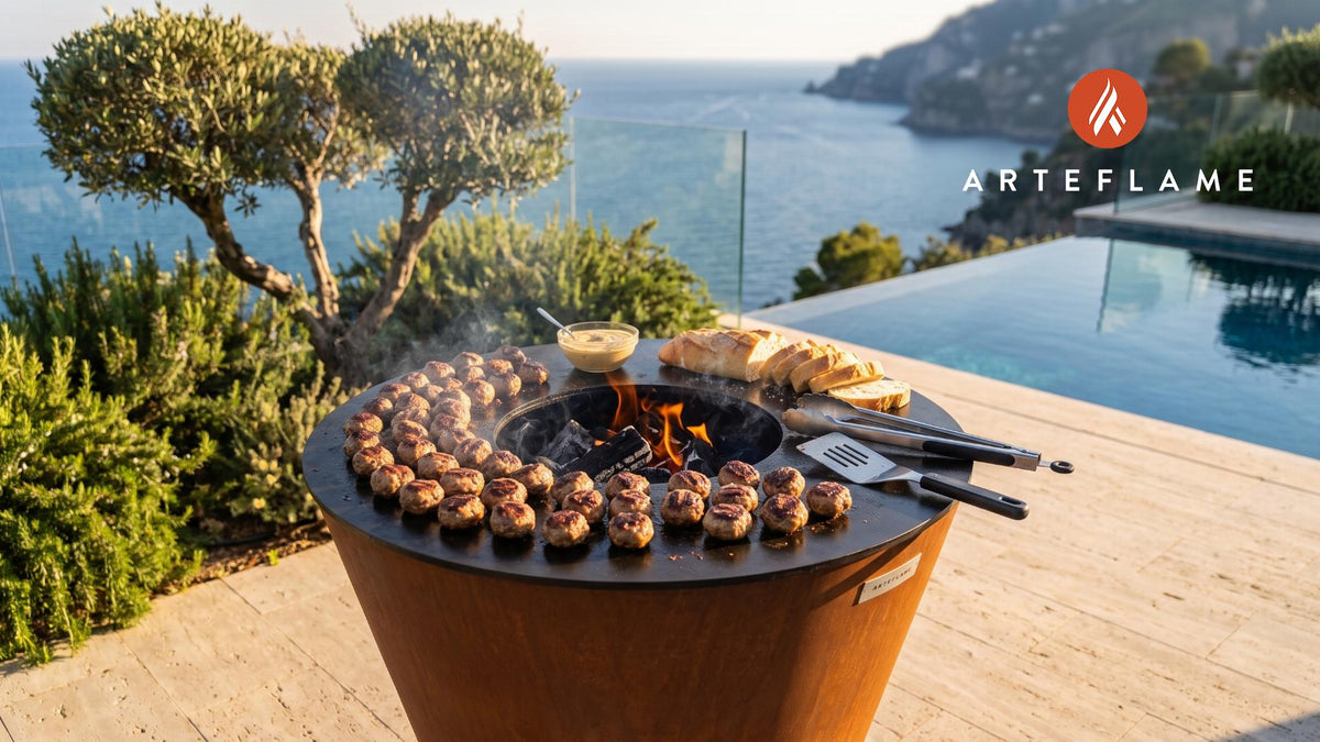 Seared Meatballs & Mustard Dip (German Style) cooking on an Arteflame grill