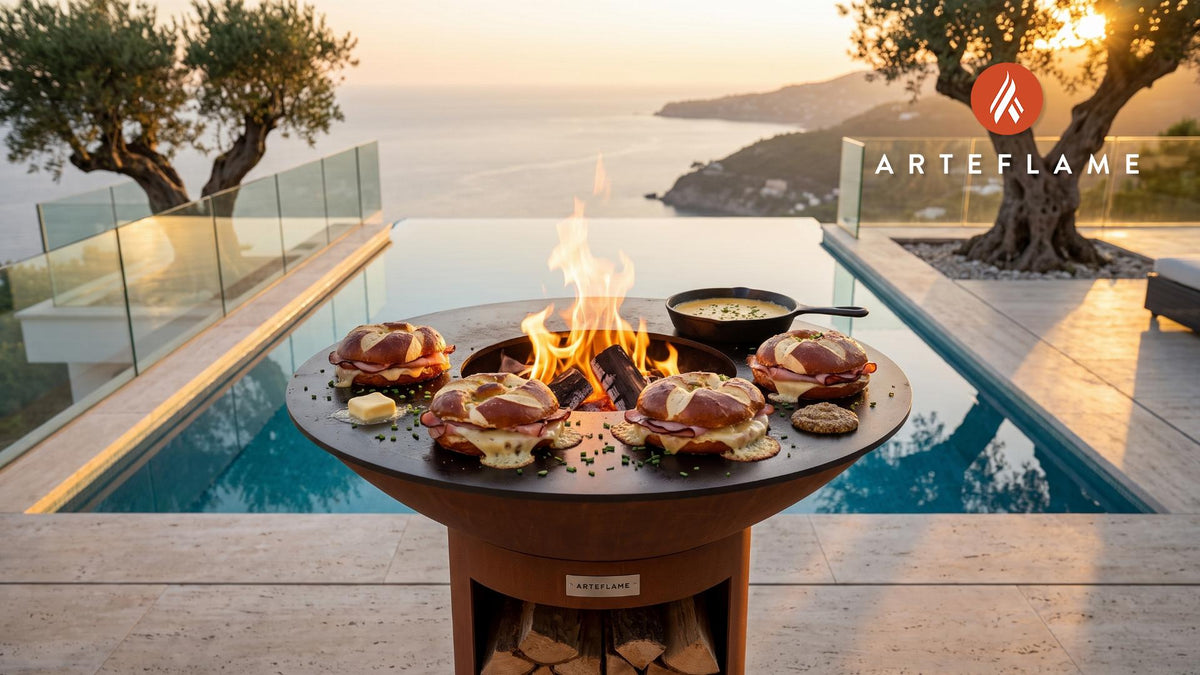 Grilled Ham & Cheese Pretzel Sandwich (German Style) cooking on an Arteflame grill