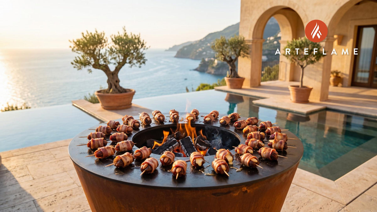 Grilled Bacon Wrapped Dates (German Style) cooking on an Arteflame grill