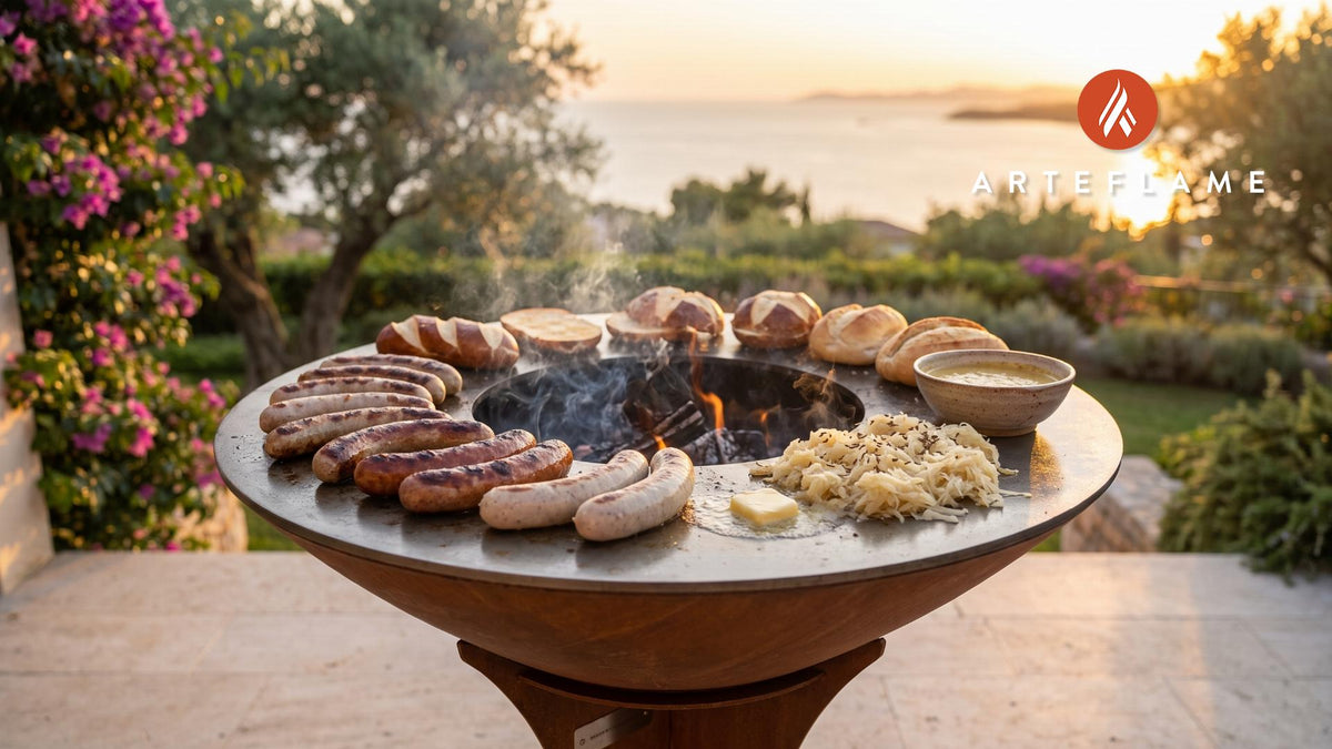 Juicy Grilled German Sausage & Mustard Platter cooking on an Arteflame grill
