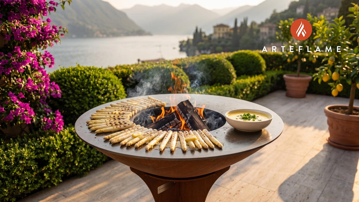 Grilled White Asparagus & Hollandaise (German Style) cooking on an Arteflame grill