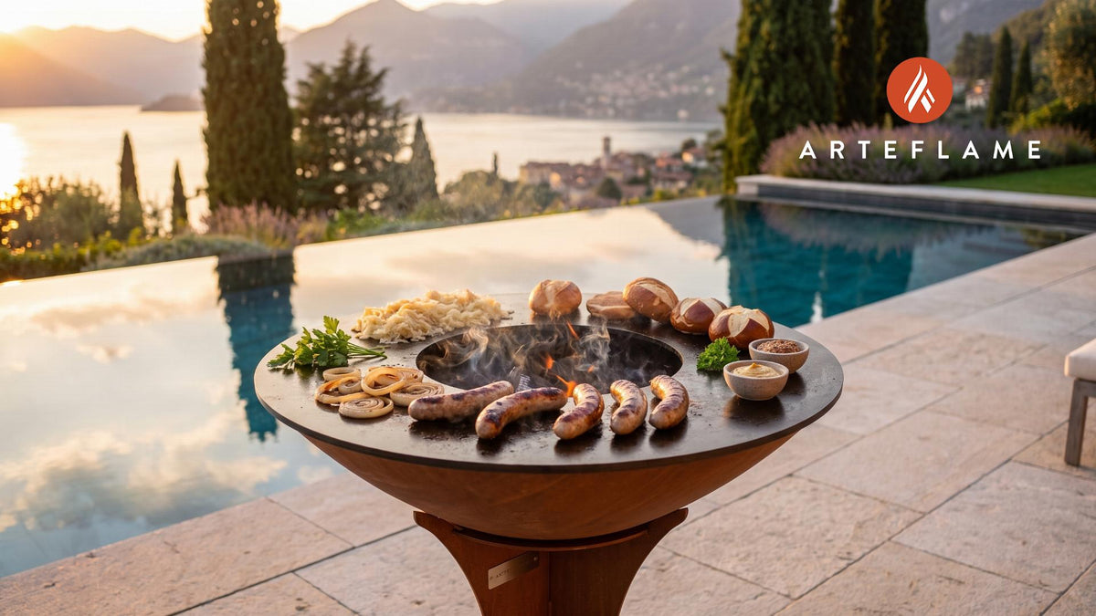 Grilled Wild Boar Sausages (German Style) cooking on an Arteflame grill