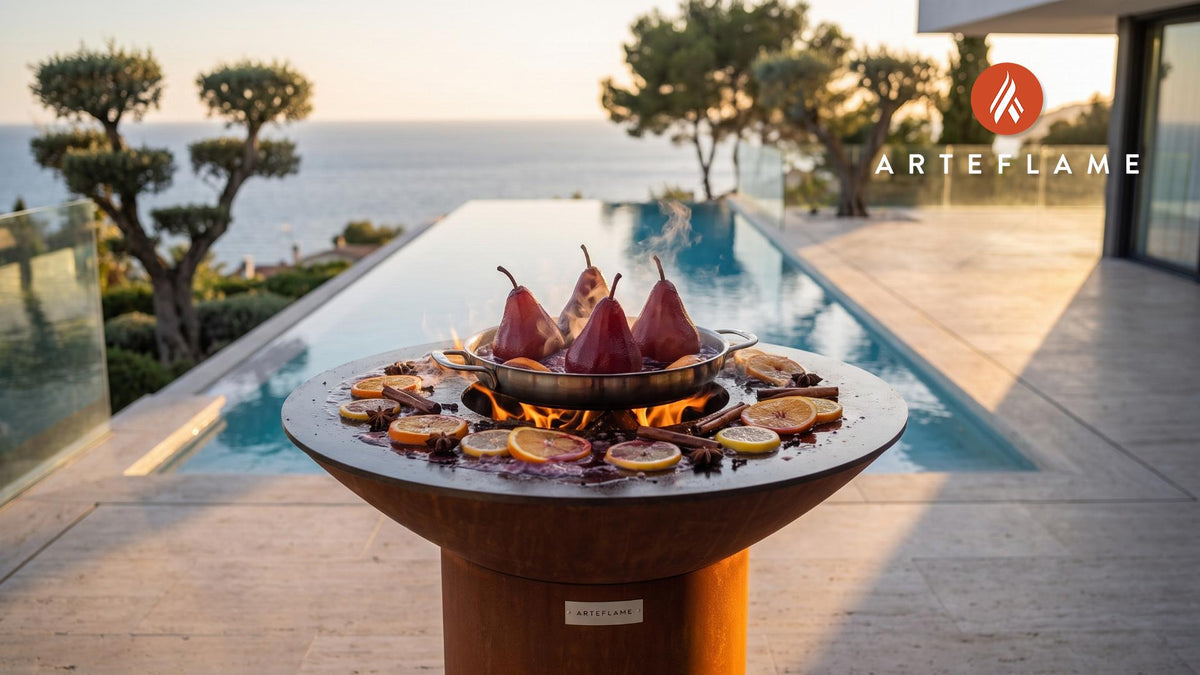 Wood-Fired Poached Pears (German Mulled Wine) cooking on an Arteflame grill