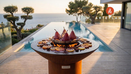 Wood-Fired Poached Pears (German Mulled Wine) cooking on an Arteflame grill