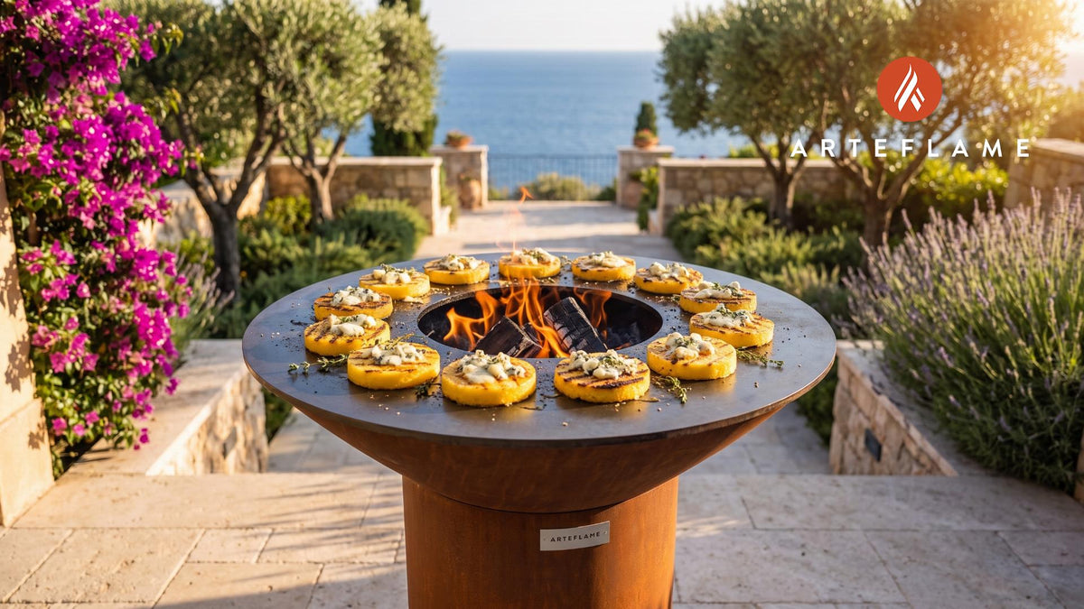 Crispy Grilled Polenta with Gorgonzola & Honey cooking on an Arteflame grill