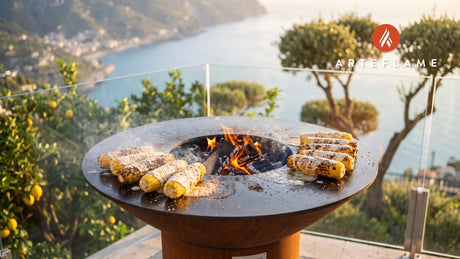 Charred Grilled Corn with White Sauce (Alabama Style) cooking on an Arteflame grill